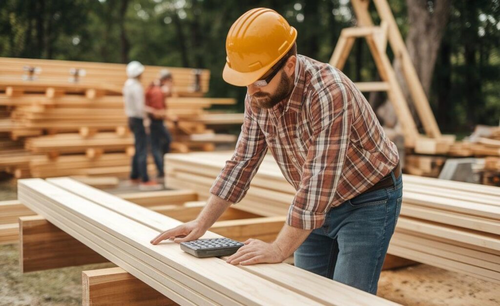 Profissional analisando madeira e planejamento de custos para obra de construção civil.