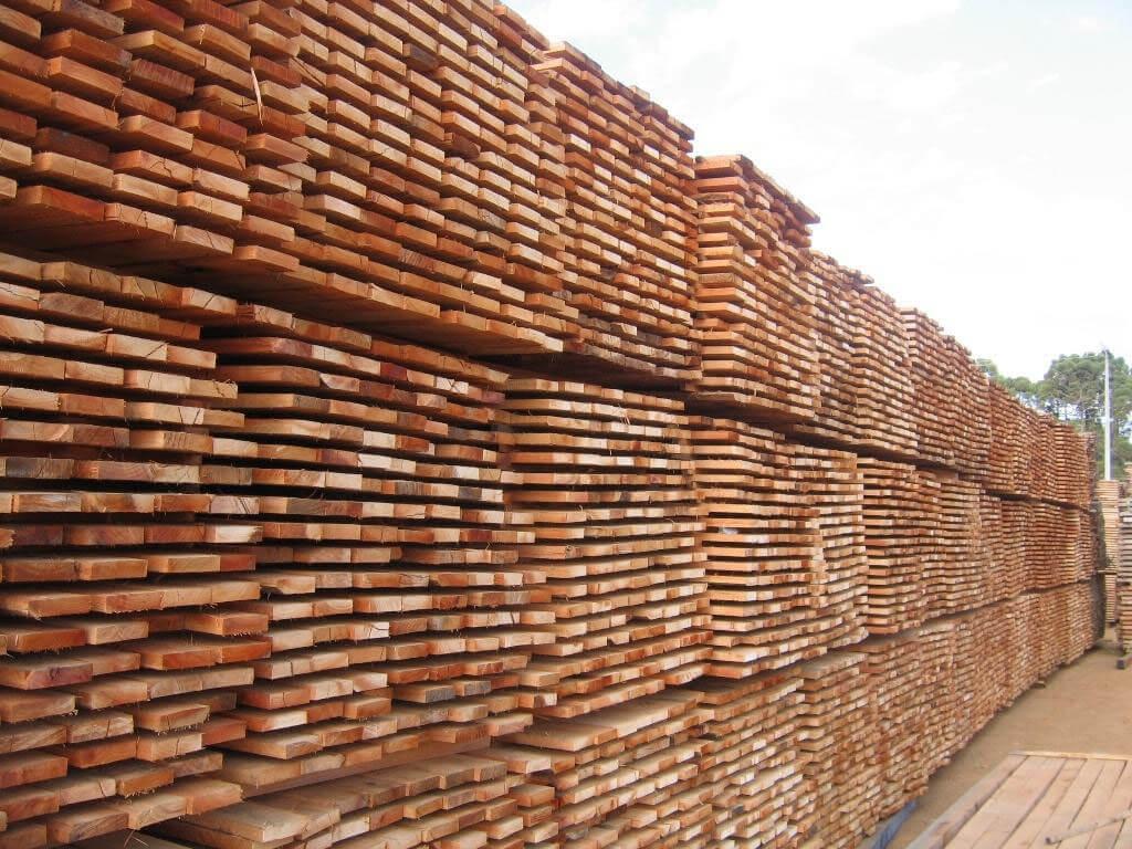Madeiras nobres brasileiras armazenadas para uso na construção civil.