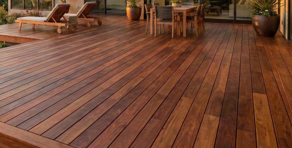 Deck de madeira nobre em área externa exposta ao sol e à umidade.
